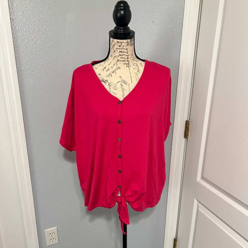 Reborn J Womens Large Hot Pink Dolman Sleeve Button Front Tie Top